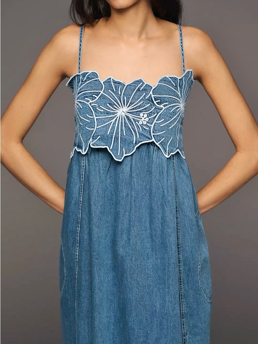 Anthropologie Pilcro Light Denim Floral Appliqué Maxi Dress Size Medium NWT - Picture 2 of 12